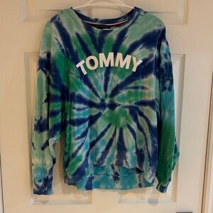 Tommy Hilfiger Blue and Green Tie-Dye Crew Neck Sweater